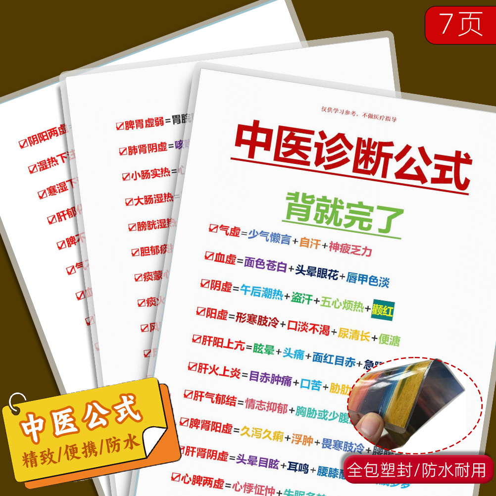 中医诊断公式学习中医传统小知识双面A4防水防污耐用塑封卡