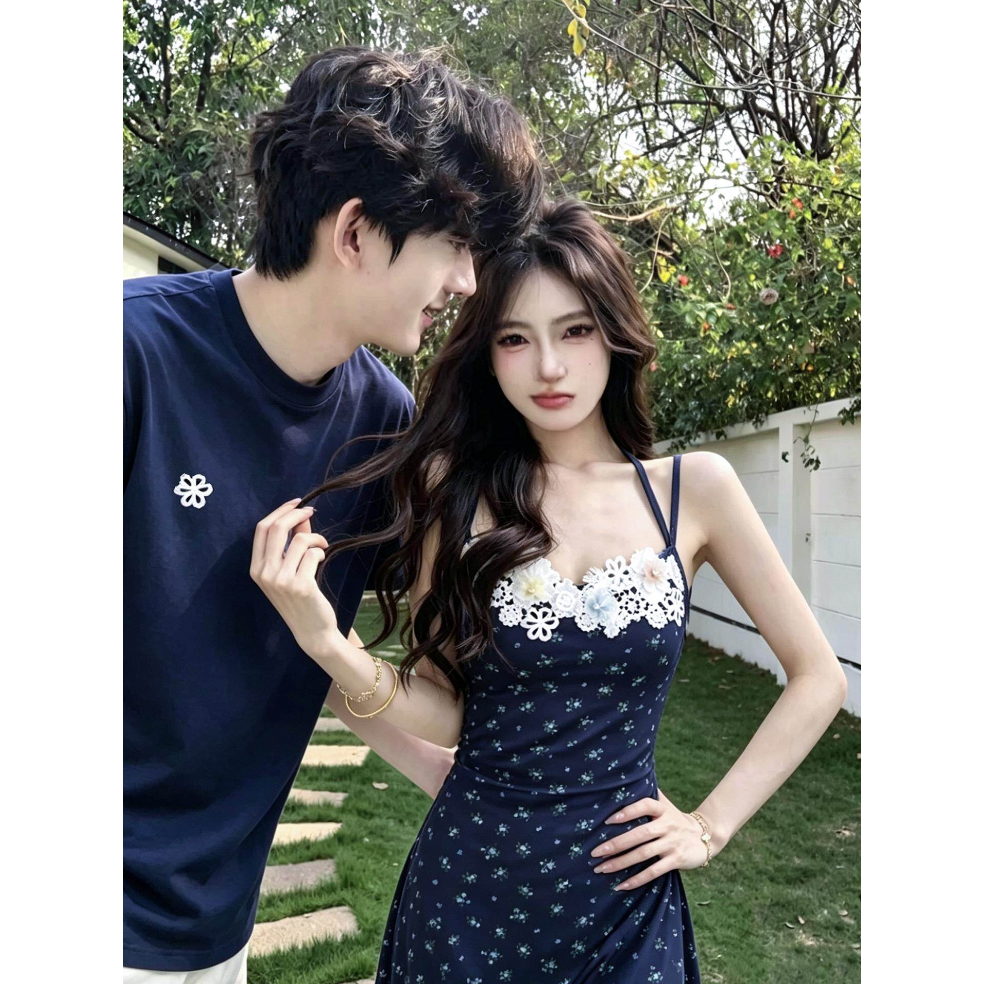 韩系情侣装花朵蕾丝吊带