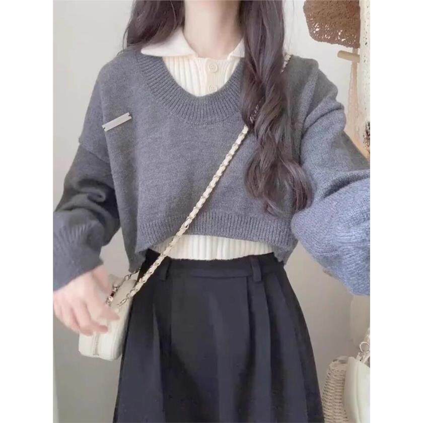 学院风短款POLO领毛衣女