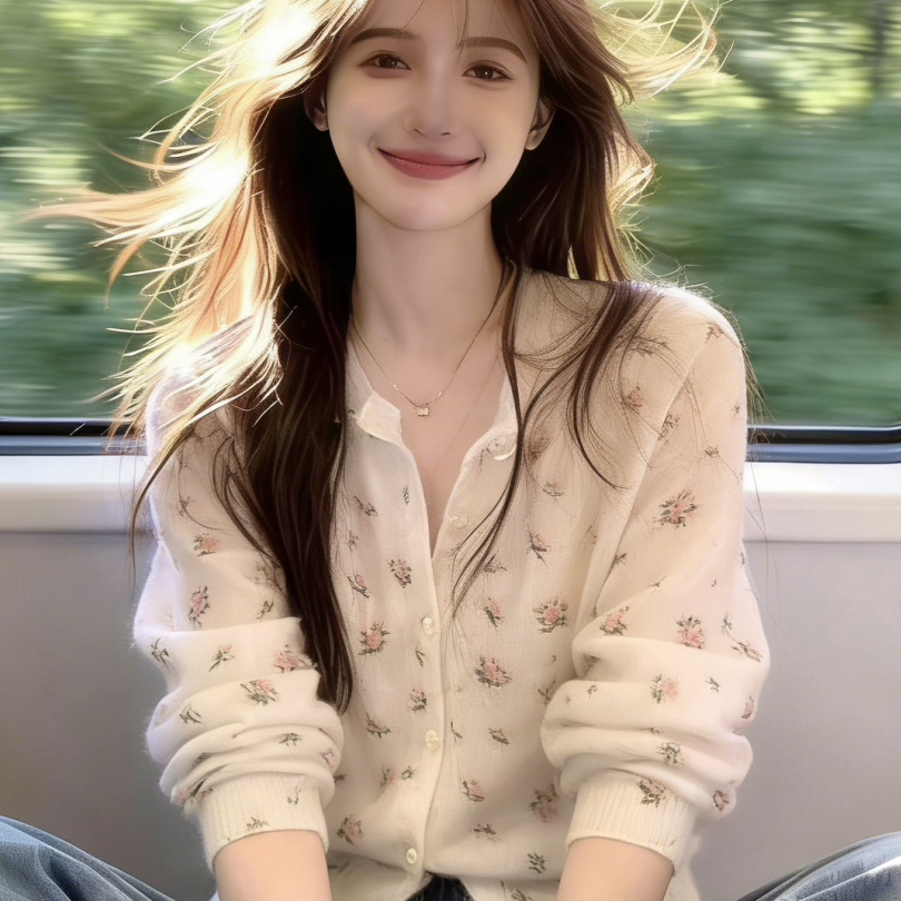 韩系温柔风碎花开衫女短