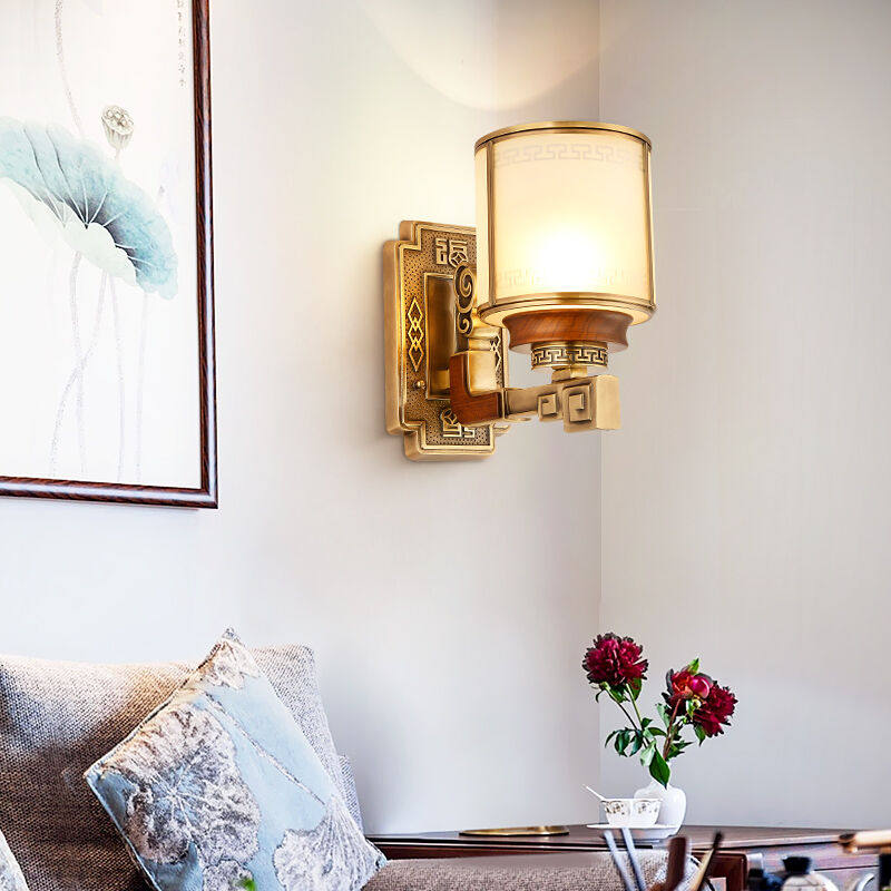 沙尔克新中式客厅墙壁灯全铜卧室书房壁灯复古中式床头灯中国风红