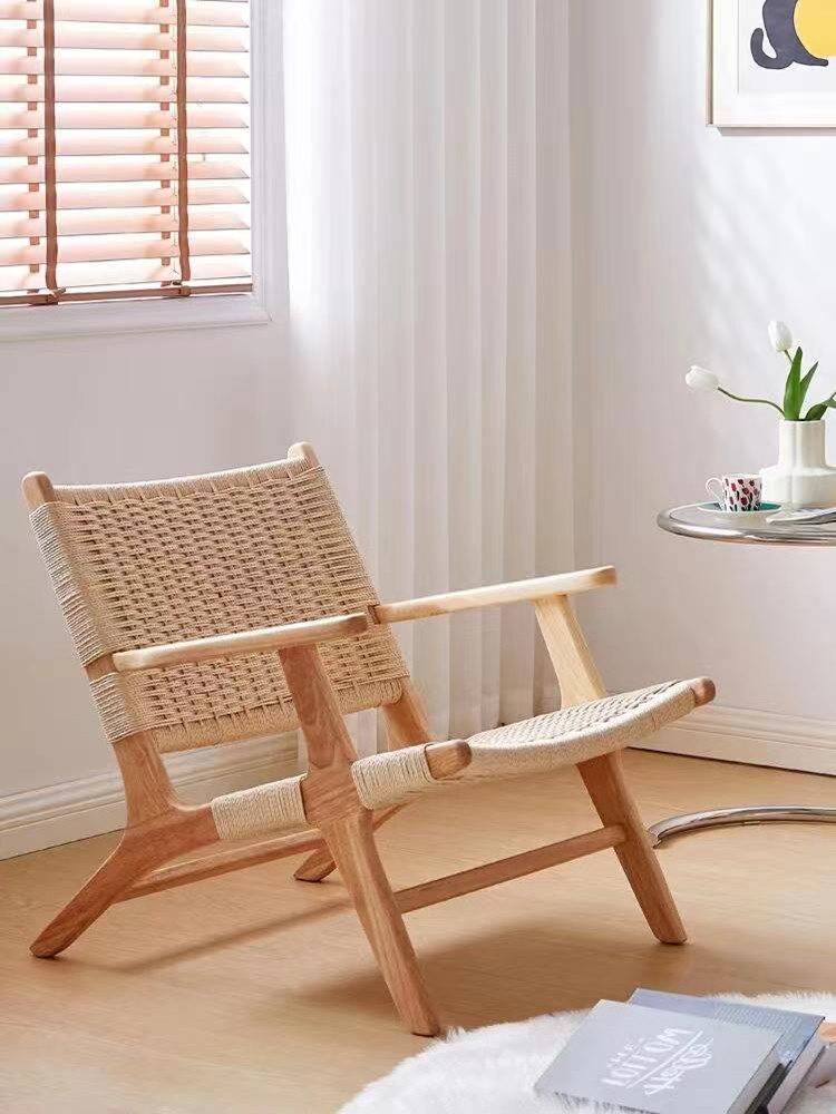 藤编实木阳台沙发椅单人原木风绳编休闲躺椅客厅家用民宿马鞍椅子
