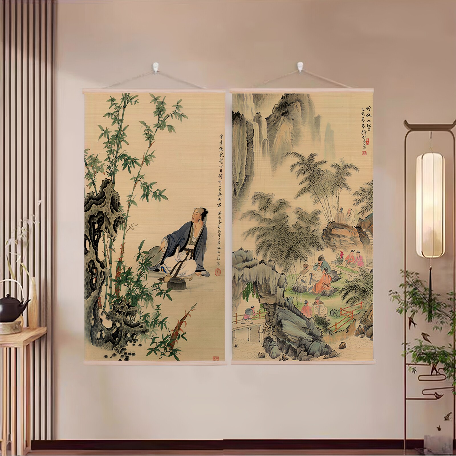 岁寒三友客厅茶楼竹帘挂画茶馆室内书房禅意背景墙装饰画国画卷帘
