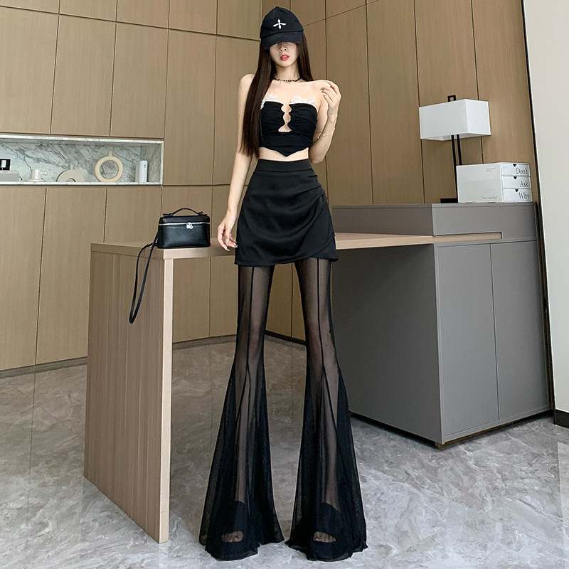 黑色辣妹网纱拼接缎面a字裙裤女夏薄款高腰垂感休闲拖地大喇叭裤