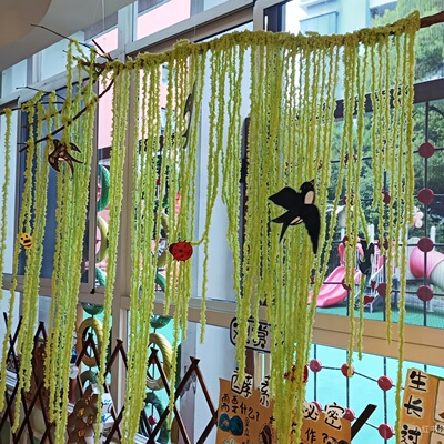 幼儿园春季环创装饰绿色系毛线自然角编织区毛毡燕子空中吊饰挂饰