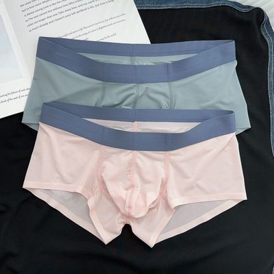 2条装男士平角内裤夏季薄款低腰纯色冰丝U凸透气凉感网孔底裤包邮