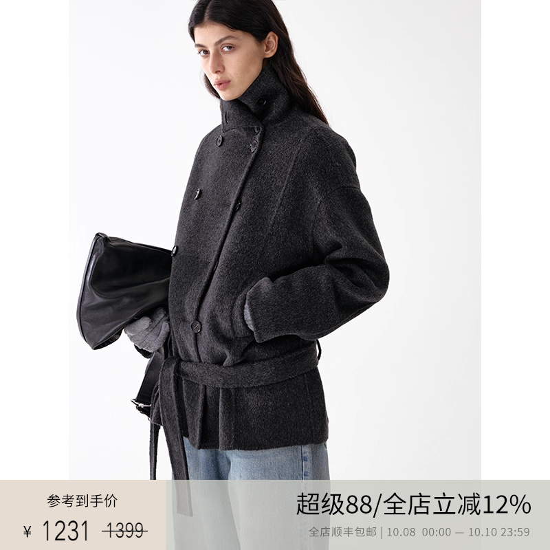 PLANITES羊毛系带短款毛呢外套