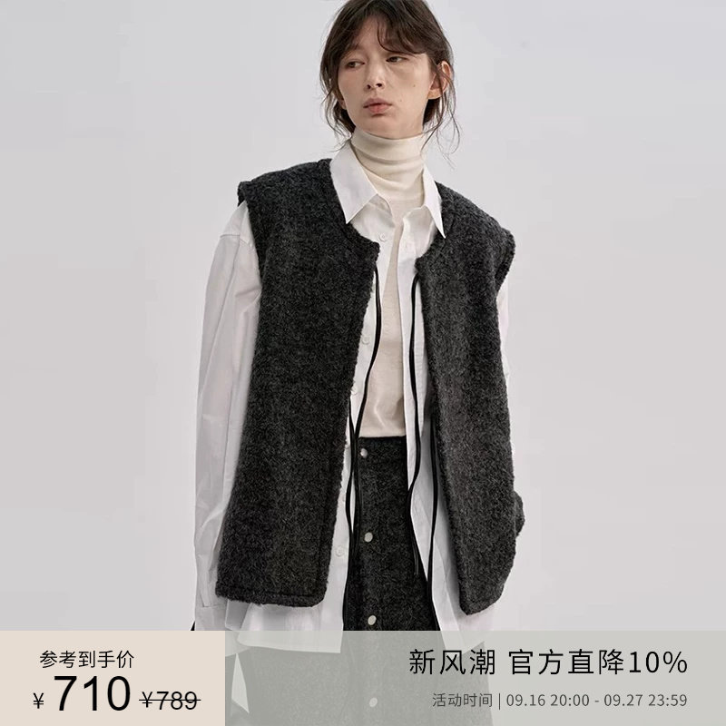 PLANITES圈圈绒拼皮系带马甲外套图片