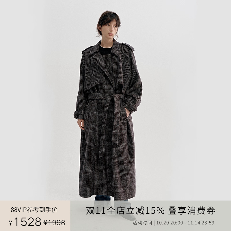 PLANITES混色格纹粗花呢风衣大衣