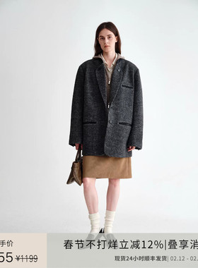 PLANITES 轻量保暖全羊毛斜纹杂点 翻门襟毛呢西装外套