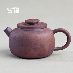 家用功夫茶道正把茶叶冲泡单壶 客福粗陶老岩泥圆岭手持小茶壶中式