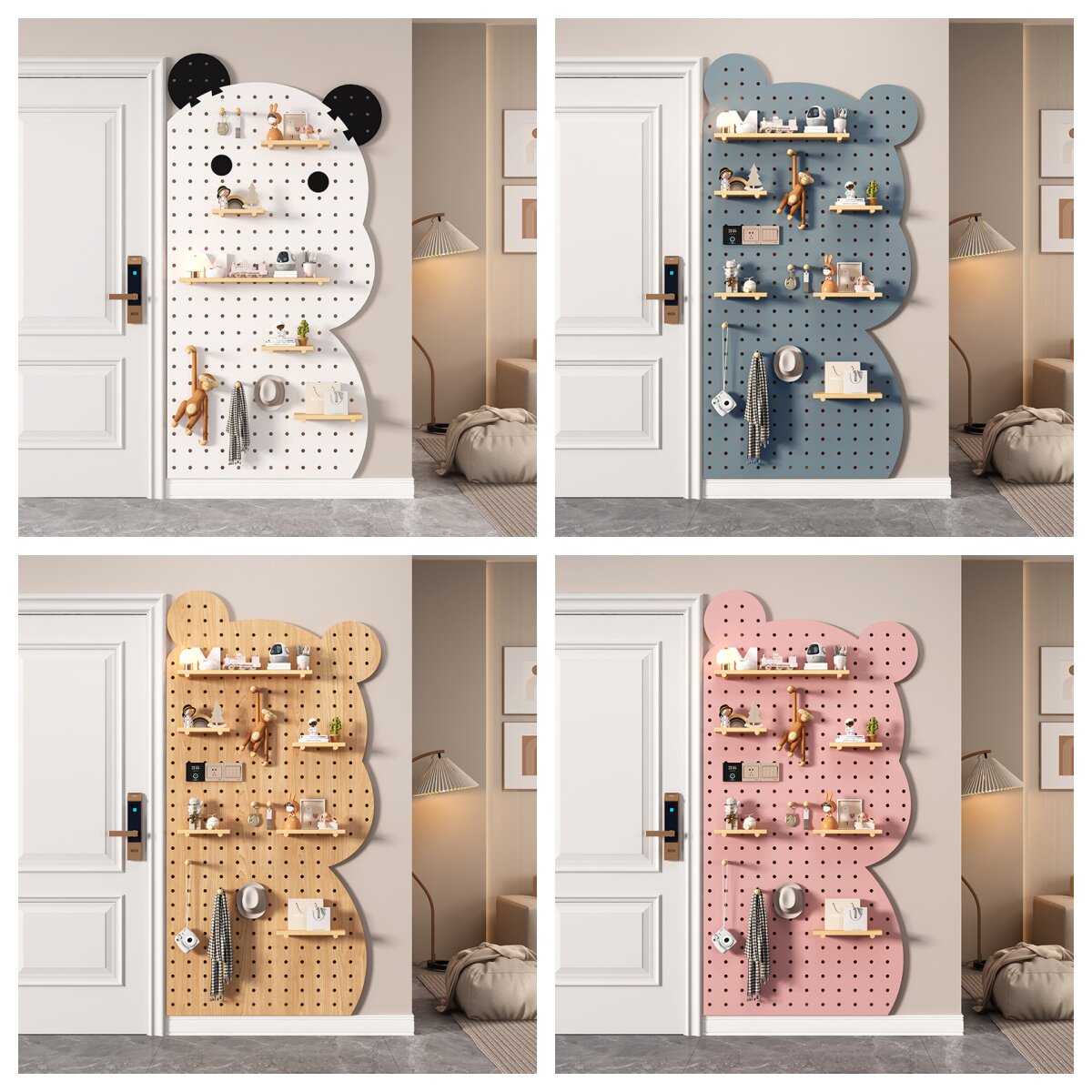 熊猫卡通实木洞洞板定制墙上置物架挂衣架洞挂墙入户收纳层架墙面