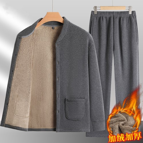 全棉纯棉爸爸冬季保暖两件套装男加绒加厚家居服中老年人爷爷外套