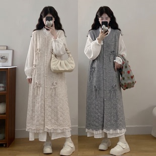 大码女装套装秋冬季蝴蝶结针织长款马甲连衣裙内搭长袖衬衫两件套