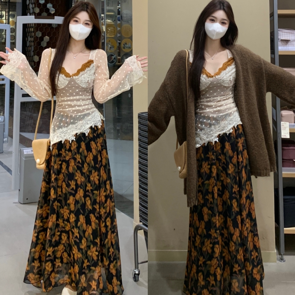 秋季大码女蕾丝开衫吊带长裙套装图片