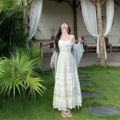 大码女装套装秋季蕾丝拼接吊带长裙搭配浅蓝色宽松针织开衫两件套