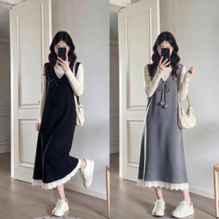 大码女装学院风两件套秋冬季毛球装饰针织背带连衣裙长袖打底套装