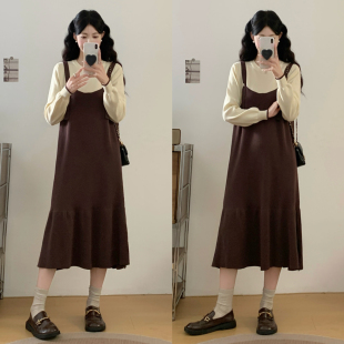大码女装韩系休闲假两件秋冬季撞色针织打底拼接宽松背带鱼尾长裙