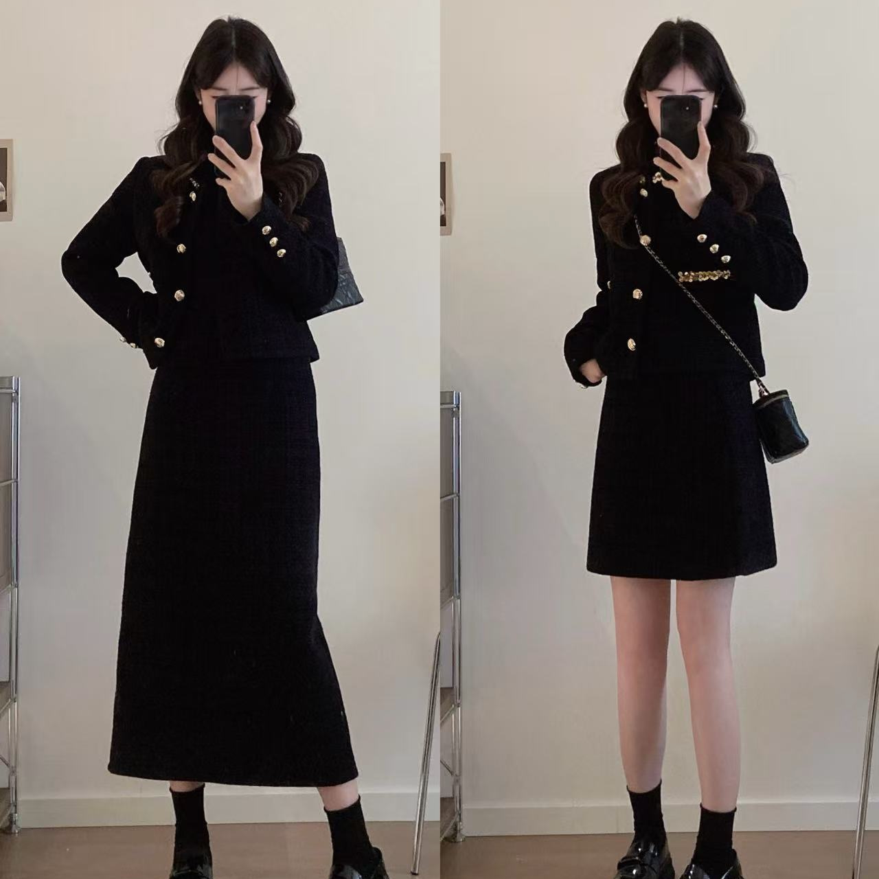 大码女装通勤显瘦两件套秋季精致金扣小香外套高腰垂感半身裙套装