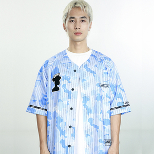夏季男士衬衫短袖宽松半袖纯棉日系潮牌条纹棒球服外套运动情侣装