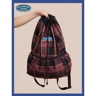 拾遗部落HOME原创 美式复古LOGO刺绣格子学院风 英伦抽绳双肩背包