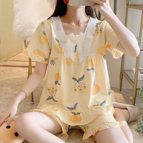 睡衣女夏季薄款短袖家居服套装