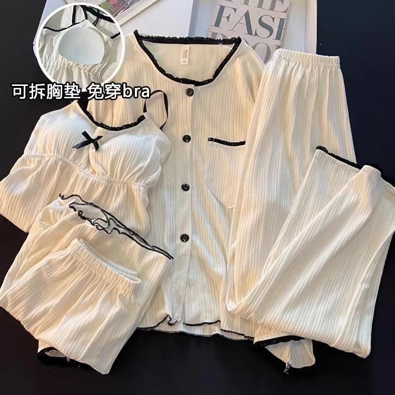 韩版网红性感睡衣女夏季新款ins风高颜值吊带胸垫长袖长裤四件套