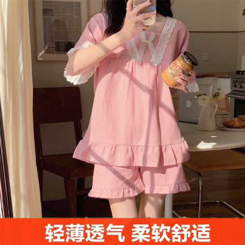 睡衣女夏季薄款短袖2025年新款蕾丝可外穿夏天家居服大码两件套装