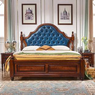 美式 实木古风 村实真木床主床卧储物床皮软包全实木1乡.8米复870