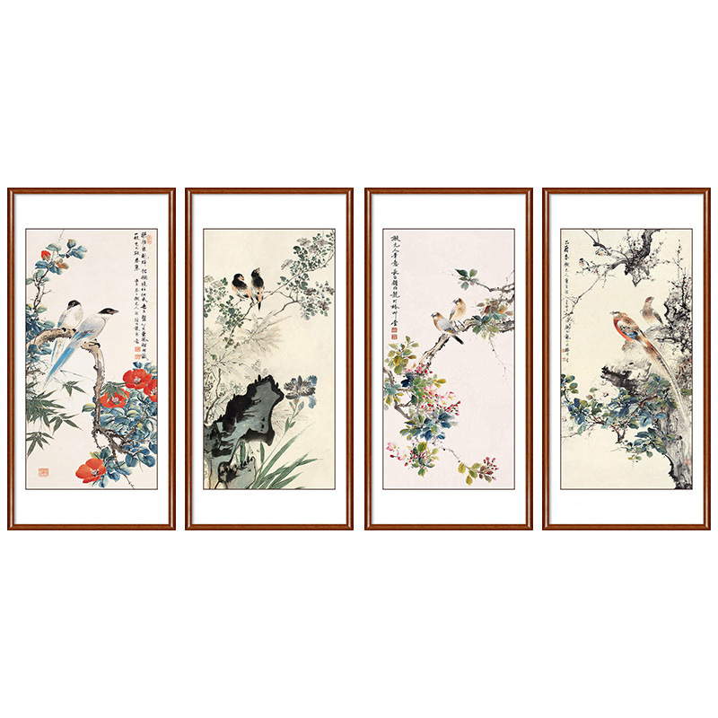 新款中式客厅画餐厅四条屏水墨国画颜伯龙工笔花鸟图装饰画中国风