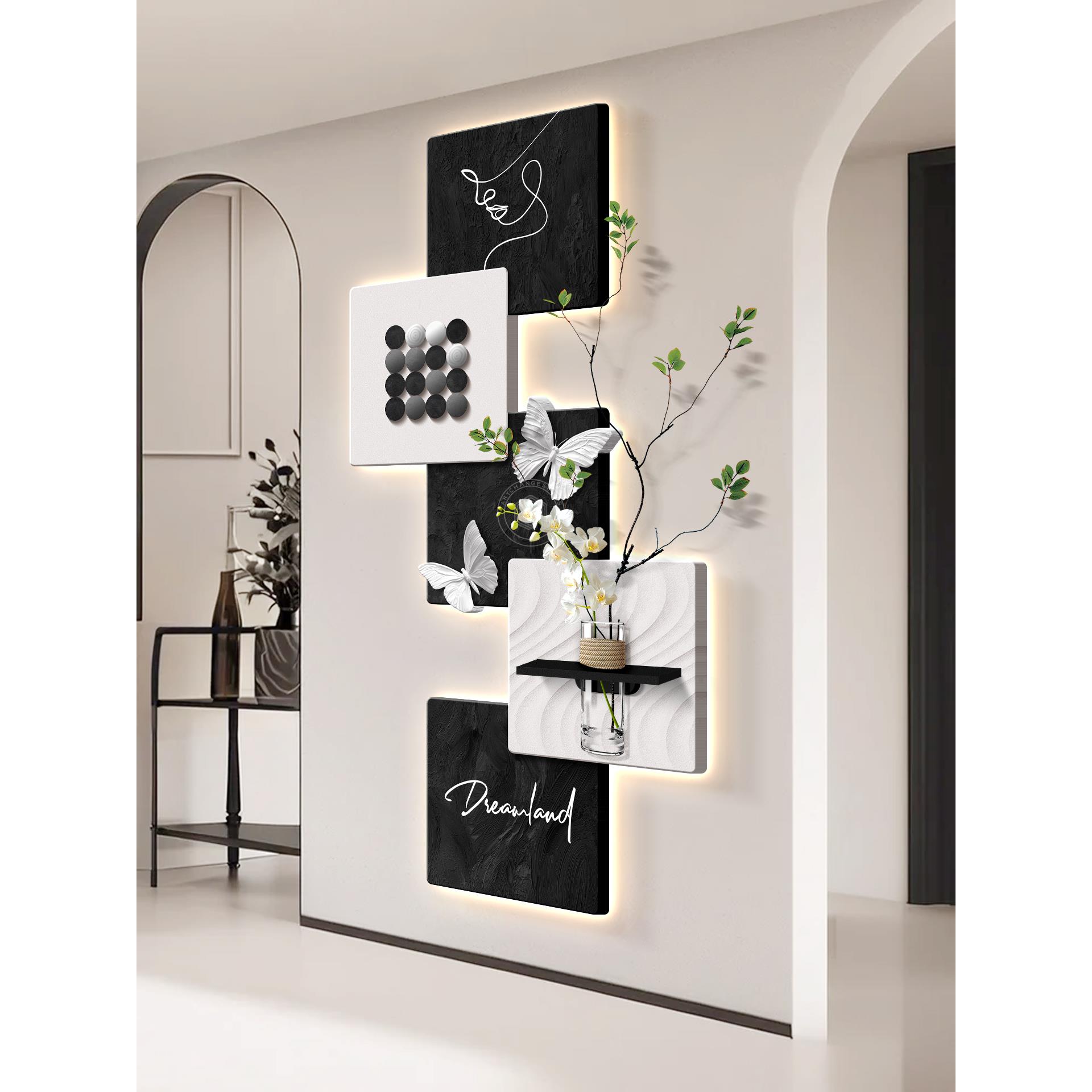 轻奢高级感入户玄关装饰画意式极简黑白灰走廊过道水培绿植壁挂画