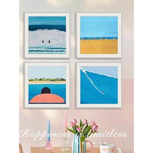 夏日海边沙滩油画客厅卧室蓝色大海冲浪装饰画客厅卧室背景墙挂画