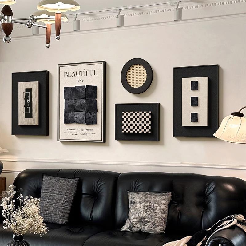 意式极简客厅装饰画法式黑白组合高级感壁画中古风沙发背景墙挂画