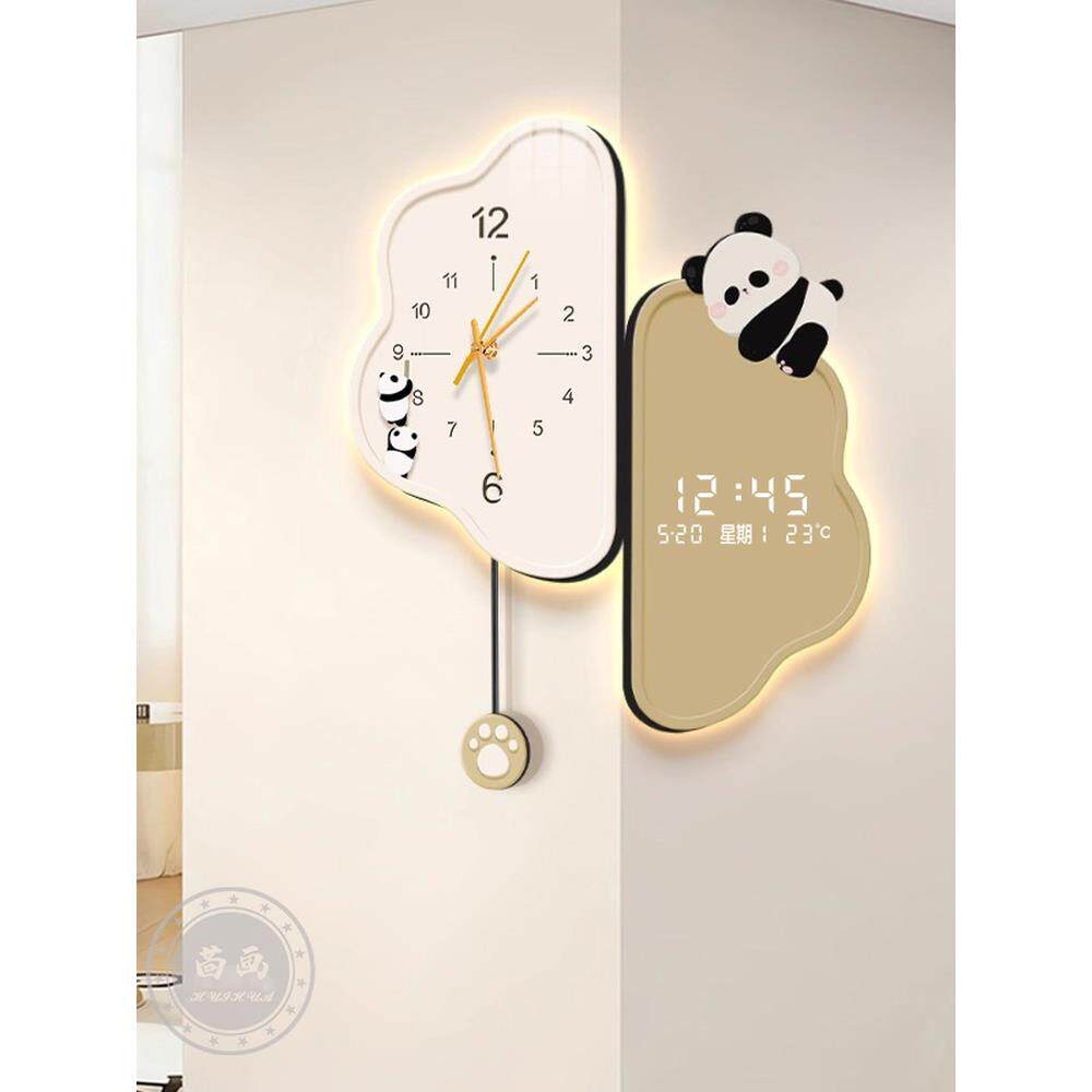 熊猫转角挂钟客厅拐角双面电子钟表画2025新款创意云朵家用时钟表