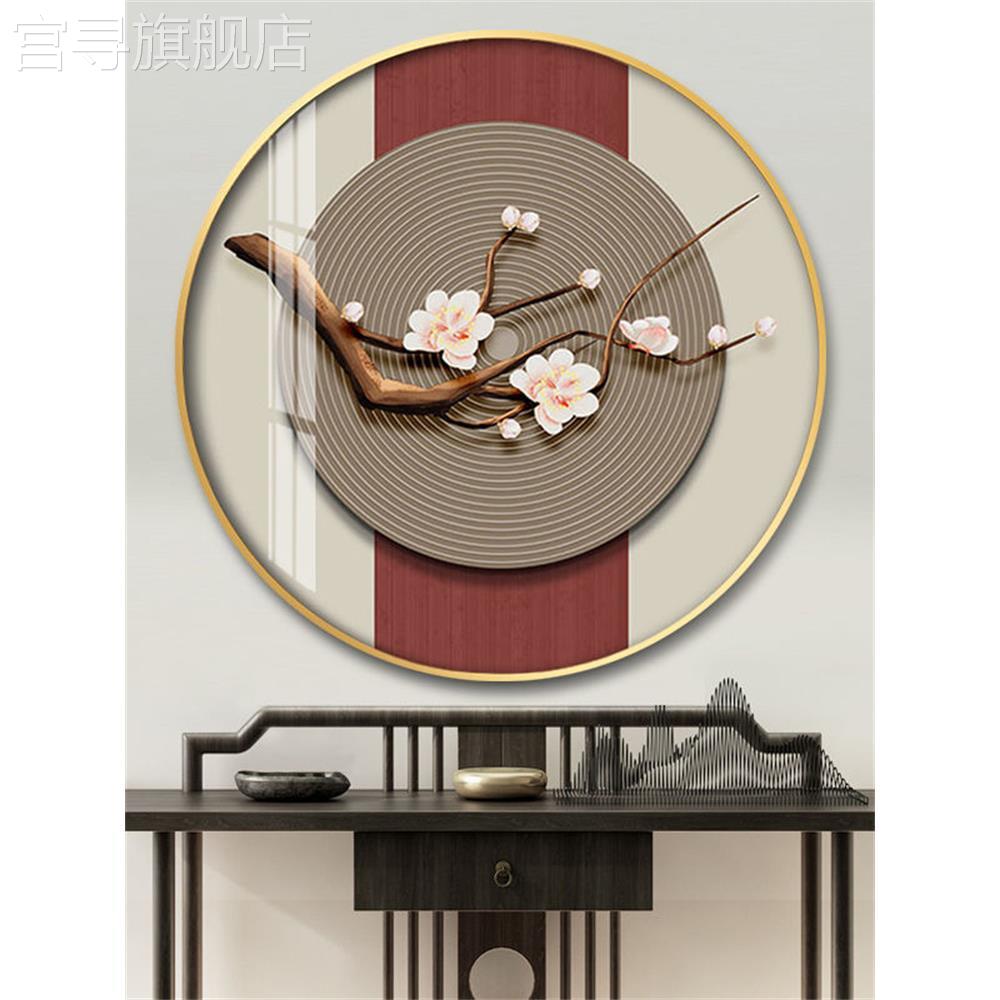 新中式餐厅挂画入户玄关装饰画书房茶室正对门圆形花卉背景墙壁画图片