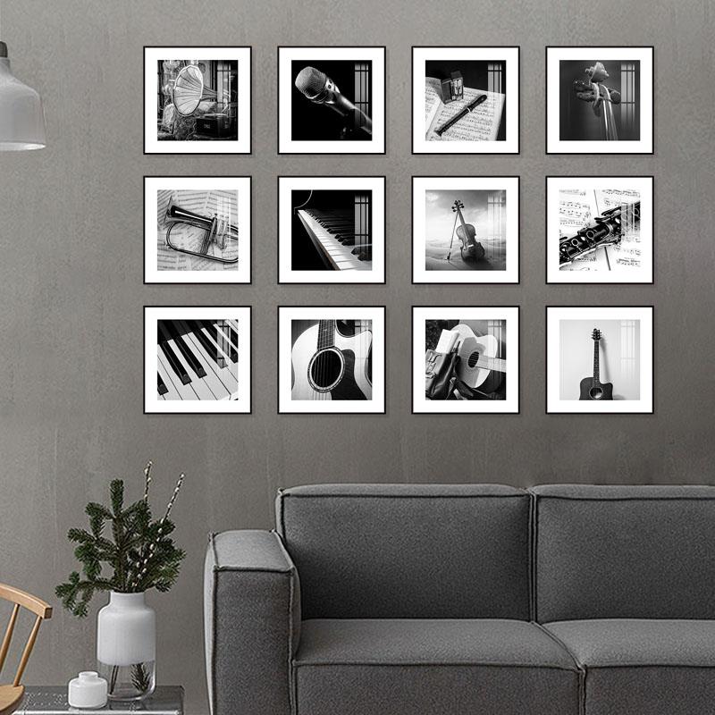 黑白装饰画壁龛艺术音乐挂画现代极简主义培训班壁画小提琴钢琴吉