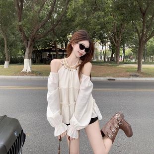 波西米亚风挂脖露肩衬衫2025春夏新款设计感钉珠亮片长袖衬衣女潮