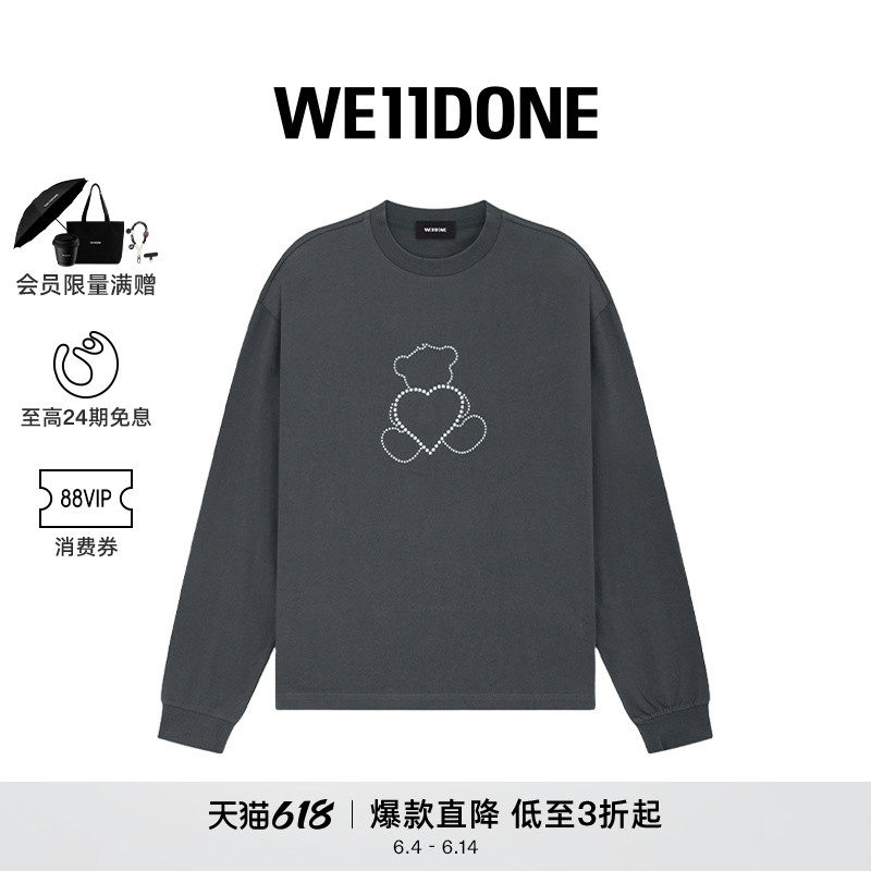 WE11DONE中性男女同款简约休闲珍珠样式小熊宽松长袖T恤