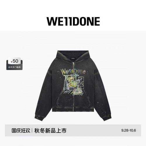 WE11DONE26秋冬新品男女同款复古做旧彩色印花字母LOGO连帽衫外套