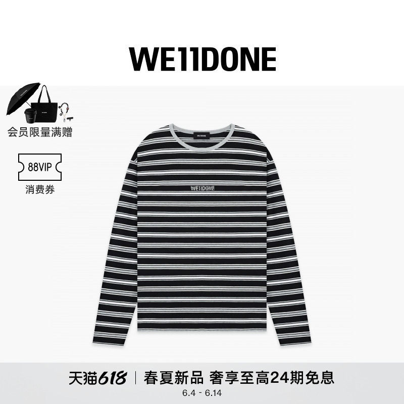 WE11DONE26夏季新品男女同款水钻样式LOGO条纹长袖T恤宽松休闲