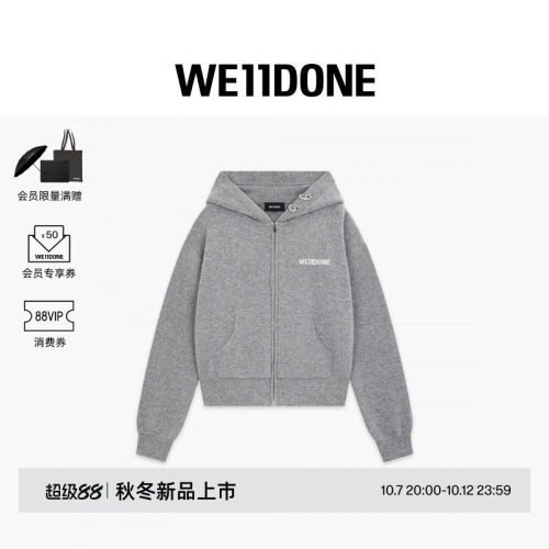 WE11DONE26秋冬新品女款穿孔设计字母LOGO拉链连帽针织衫外套潮流