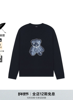 WE11DONE中性男女同款珍珠样式项链小熊印花黑色长袖T恤