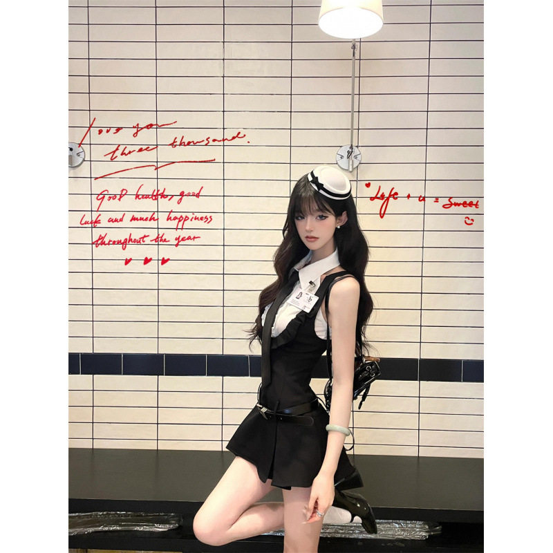 甜辣风荷叶边设计感衬衫+高腰显瘦背带裙学院风JK制服两件套女装