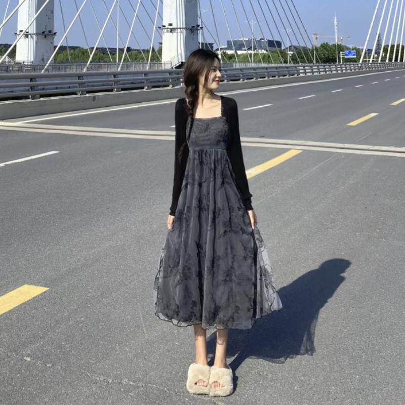 套装女森系初恋裙夏季新款纱网开衫防晒衣黑玫瑰吊带连衣裙