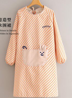 茉白家居新款帆布围裙长袖家用厨房防污透气做饭罩衣女耐磨  MB44