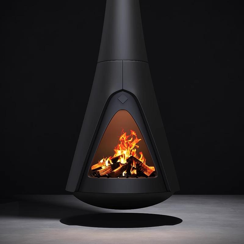 高端定制吊挂式艺术壁炉取暖器家用设计师柴火无烟黑色悬挂壁炉