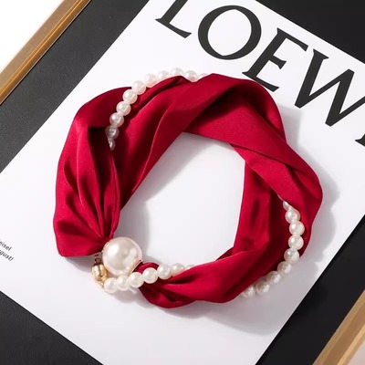 珍珠磁吸扣项链小丝巾女2025新款红色围巾春秋季薄款装饰护颈围脖