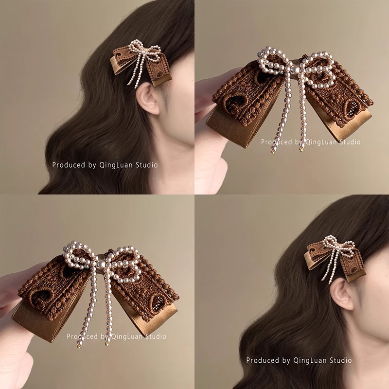 2025新款气质咖色蕾丝蝴蝶结发夹女甜美侧边刘海夹早春新款盘发器