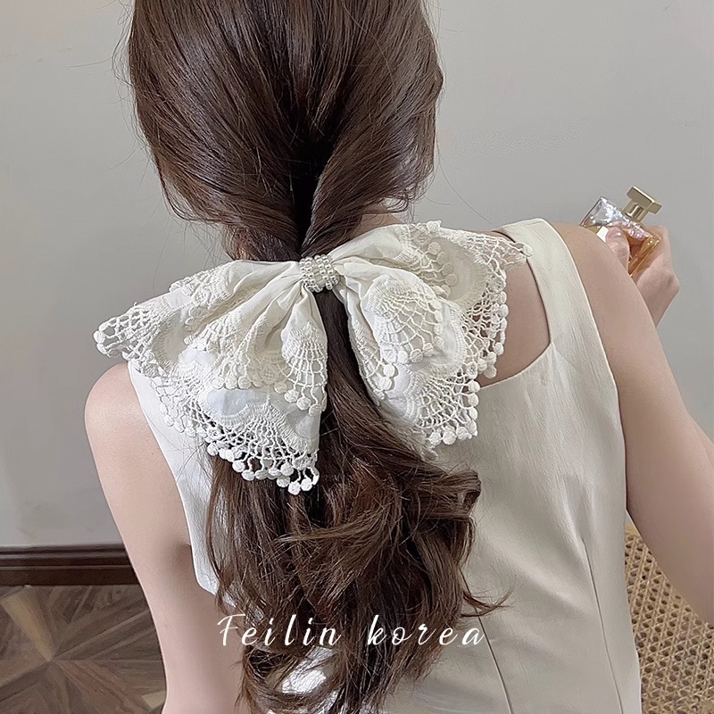 在逃公主发饰蕾丝珍珠大蝴蝶结弹簧夹顶夹发饰头饰复古时尚夹子