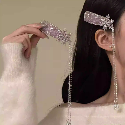 【漫花沁粉】新款秋冬超仙精致感闪锆雪花发夹长款流苏边夹发卡